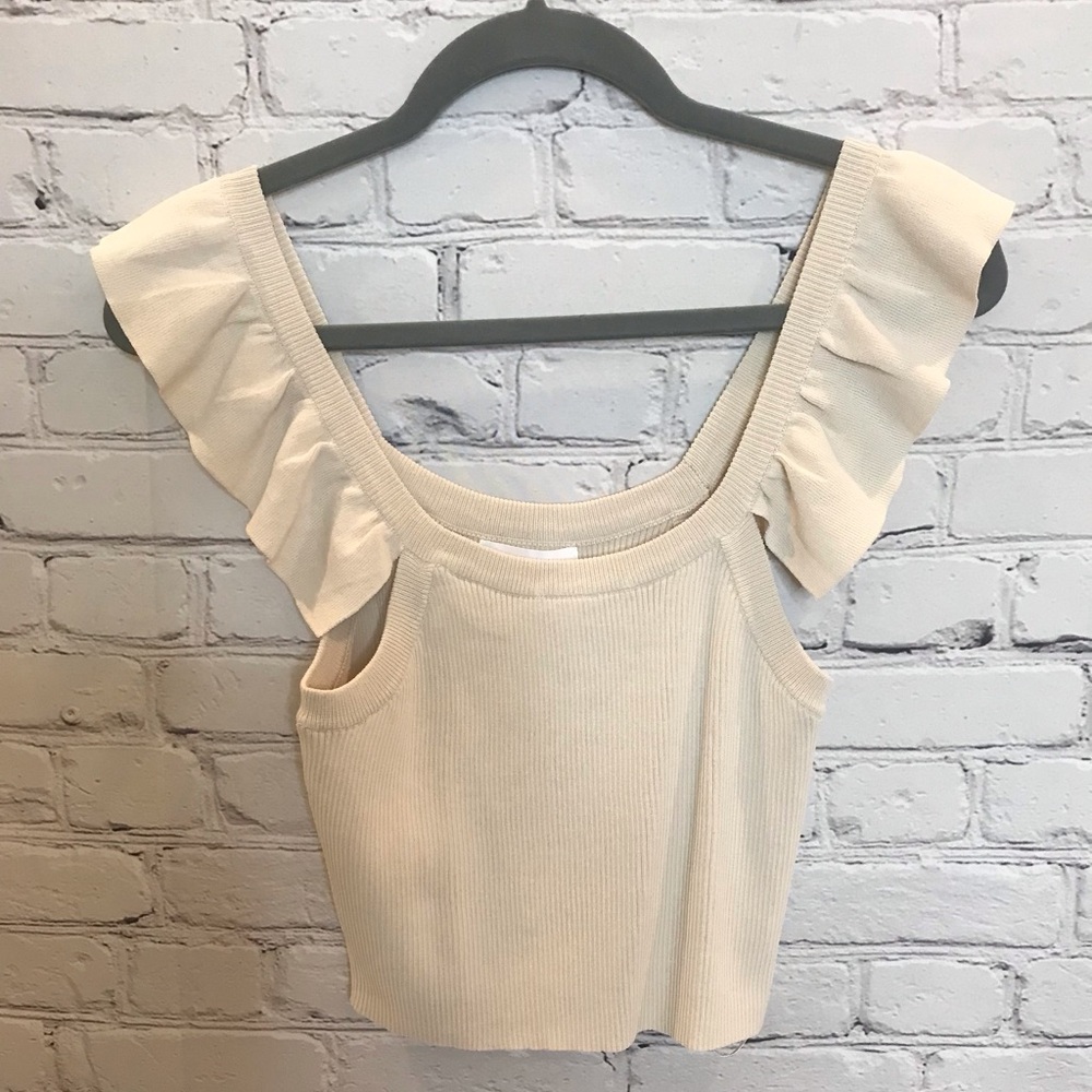 Ensemble Mika Ruffle Sleeve Knit Top Taupe size Small NWT